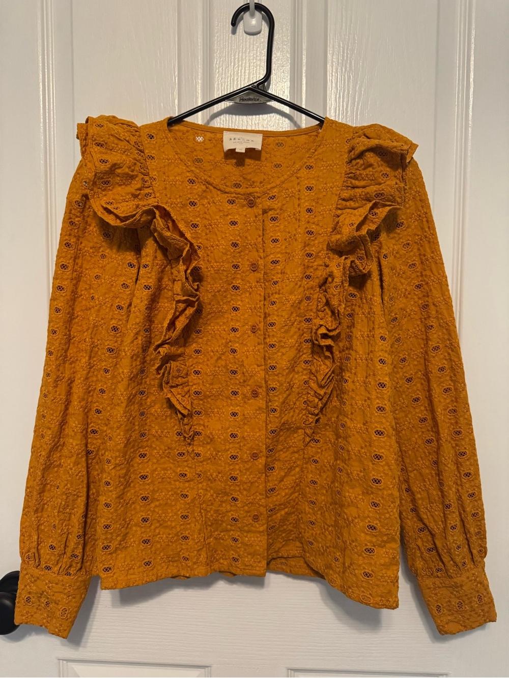 Sézane Mustard Yellow Eyelet Ruffle Blouse Size 34 US 2